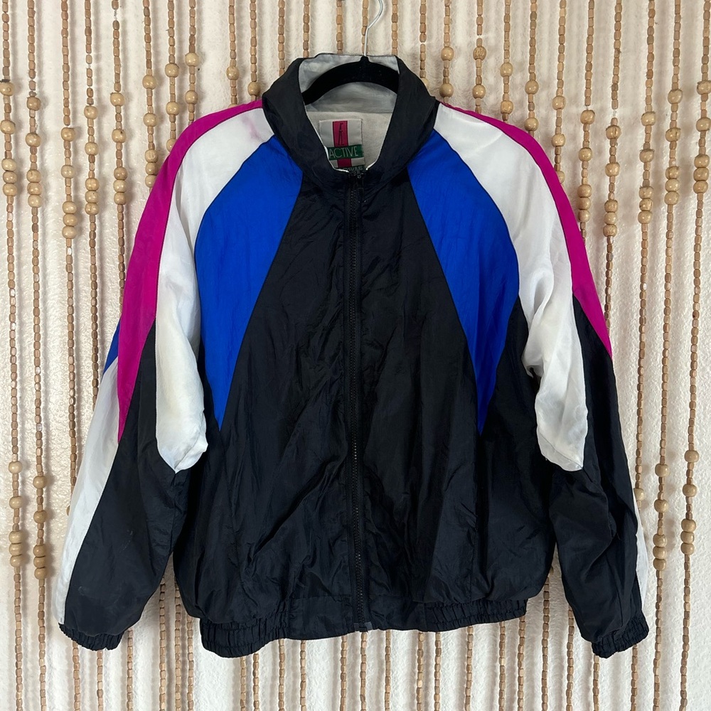 Vintage 80s 90s Colorblock Abstract Windbreaker Running Long Sleeve Jacket Med